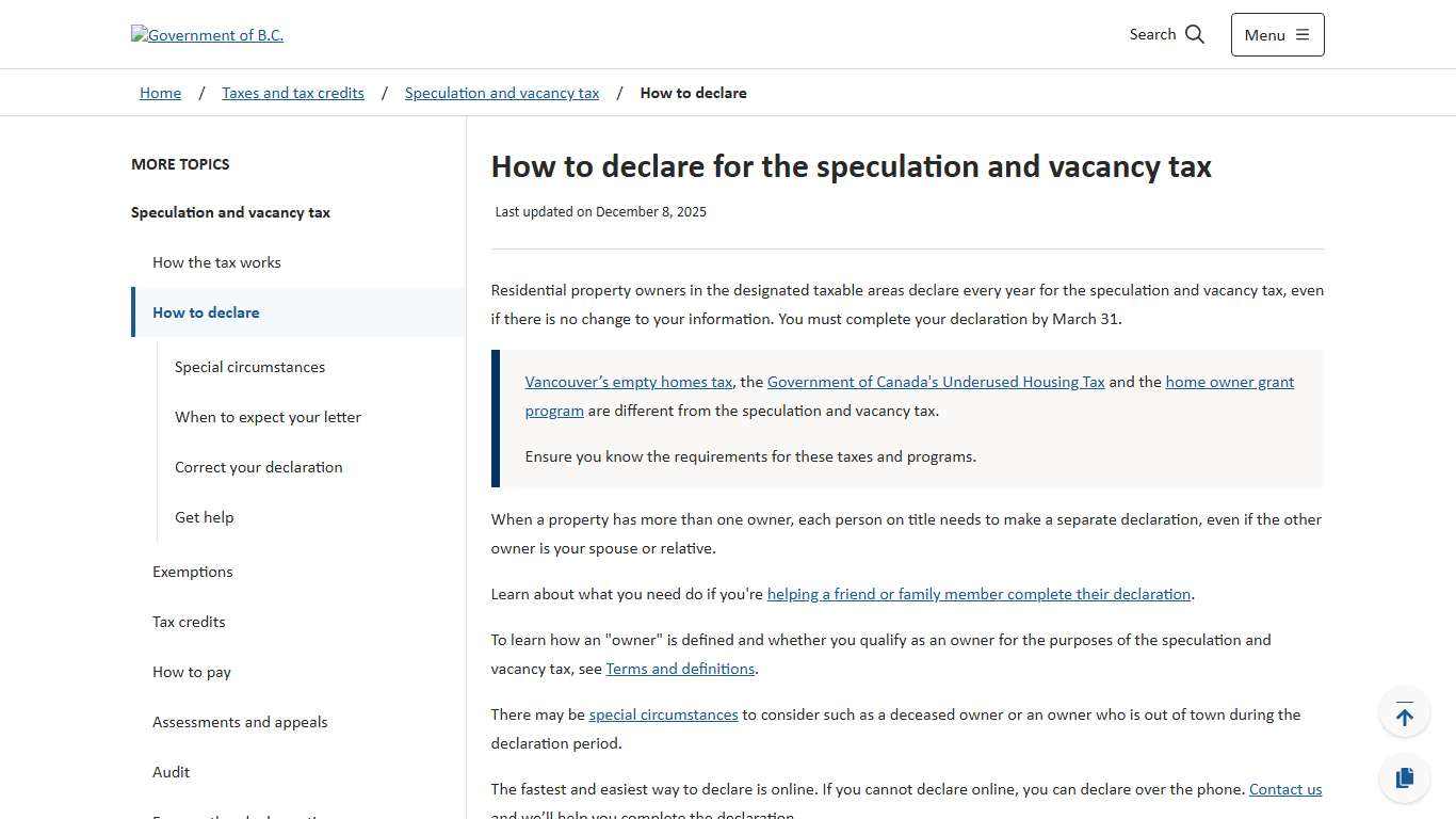 How to declare for the speculation and vacancy tax - Province of British Columbia